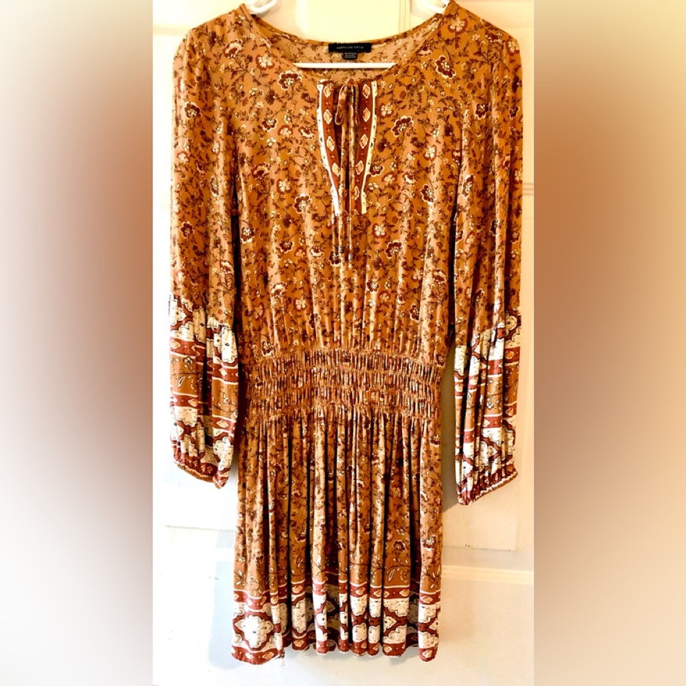 American Eagle Mustard Gold Brown Boho Floral Smocked Shirred Waist Blouse XS